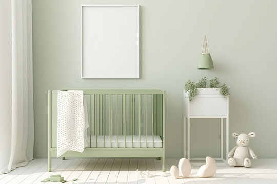 Poster frame in a baby's nursery, basic decor with a crib painted a soft green, a wooden table, and two empty canvases against a white wall, illustration. Generative AI