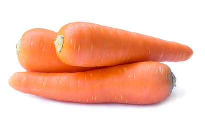 Three fresh orange carrots isolated with clipping path and shadow in png file format, Close up of healthy vegetable root with full focus
