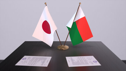 Madagascar and Japan national flags, political deal, diplomatic meeting. Politics and business 3D illustration