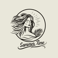Summer Time. Travel Emblem with Beautiful Girl, Young Woman Portrait. Attractive Woman Design Template. Beautiful Model. Beauty Portrait of Summer Girl, Surf Woman Face. Vector Illustration