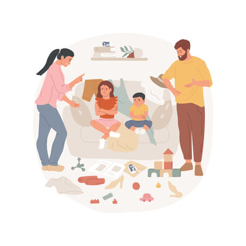 Cluttering the house isolated cartoon vector illustration. Parents are angry about messy home, pile of clothes on sofa, toys scattered, unhealthy lifestyle, family problems vector cartoon.