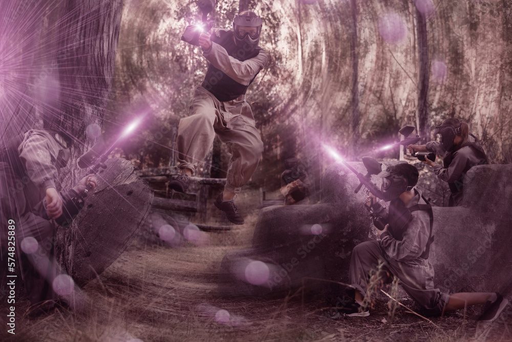 Canvas Prints Teams facing on battlefield in outdoor paintball arena during the match