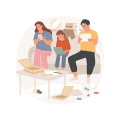 Home chaos isolated cartoon vector illustration. Family members overusing gadgets, adults bad habits, pizza boxes on the table, unhealthy lifestyle, untidy room, mess in a house vector cartoon.