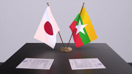 Myanmar and Japan national flags, political deal, diplomatic meeting. Politics and business 3D illustration