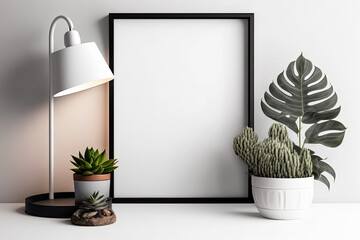mockup of an empty camera frame with a beautiful plant on a shelf and a wooden lamp. Template for photos and images. Interior of a house; a white and black domestic room with wooden furnishings and - obrazy, fototapety, plakaty