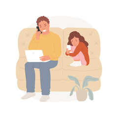 Parents working at home isolated cartoon vector illustration. Busy father on the phone for work, kid feeling lonely and using smartphone, lack of parental attention vector cartoon.