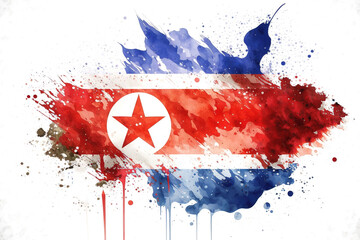 North Korea Flag Expressive Watercolor Painted With an Explosion of Color, Movement and Artistic Flair, generative ai