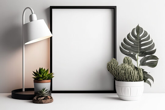 mockup of an empty camera frame with a beautiful plant on a shelf and a wooden lamp. Template for photos and images. Interior of a house; a white and black domestic room with wooden furnishings and