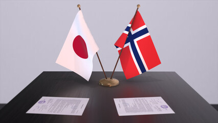 Norway and Japan national flags, political deal, diplomatic meeting. Politics and business 3D illustration