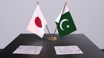 Pakistan and Japan national flags, political deal, diplomatic meeting. Politics and business 3D illustration