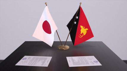 Papua New Guinea and Japan national flags, political deal, diplomatic meeting. Politics and business 3D illustration