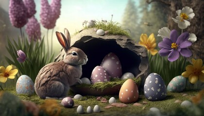 Easter bunny and Easter eggs outdoor. Generative AI.