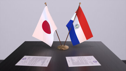 Paraguay and Japan national flags, political deal, diplomatic meeting. Politics and business 3D illustration