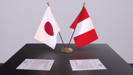 Peru and Japan national flags, political deal, diplomatic meeting. Politics and business 3D illustration