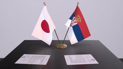 Serbia and Japan national flags, political deal, diplomatic meeting. Politics and business 3D illustration