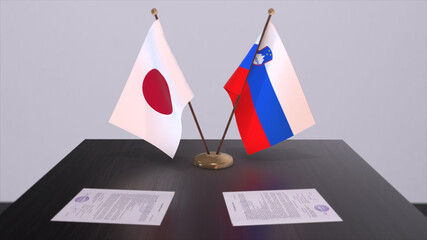 Slovenia and Japan national flags, political deal, diplomatic meeting. Politics and business 3D illustration