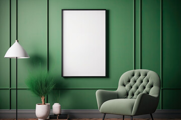 Mockup of a poster with a vertical frame on a green wall that is empty and has a gray velvet seat. Generative AI
