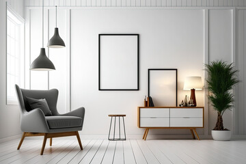 Interior wall mockup of a contemporary room with a chair and decorations in front of a white wall. Generative AI