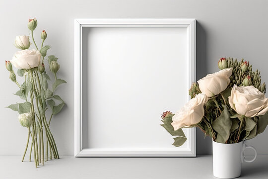 Mockup of a square wooden frame for presenting artwork, photos, prints, and paintings. White interior wall decorated with a bouquet of roses. Generative AI