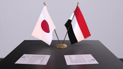 Yemen and Japan national flags, political deal, diplomatic meeting. Politics and business 3D illustration