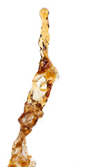 Fototapeta premium Coffee drink water mix ice cube fall pouring down in Shape form line of espresso black coffee splashes into drop soda cola attack fluttering in air, stop motion freeze shot. Splash coffee cola drink