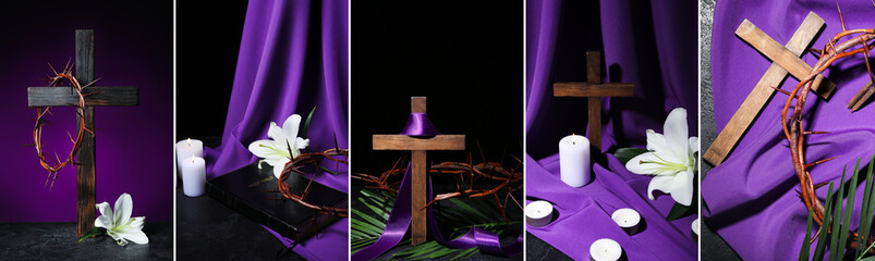 Collage for Good Friday with cross, Bible, crown of thorns and nails candles