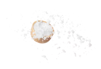Foto op Aluminium Refined Salt fall down pouring in wooden bowl, powder white salts explode abstract cloud fly. Small ground salt splash in air, food object element design. White background isolated high speed freeze © Jade