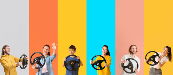 Set of people with car steering wheels on color background