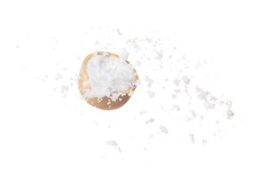 Refined Salt fall down pouring in wooden bowl, powder white salts explode abstract cloud fly. Small ground salt splash in air, food object element design. White background isolated high speed freeze