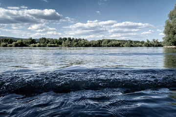 Low angle view of River Rhine near Ingelheim, Germany