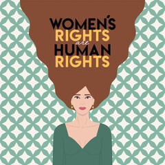 Women s rights are human rights lettering on brown hair caucasian woman in retro groovy style. Woman empowerment, equality and feminism. International Women s Day. Hand drawn vector illustration.