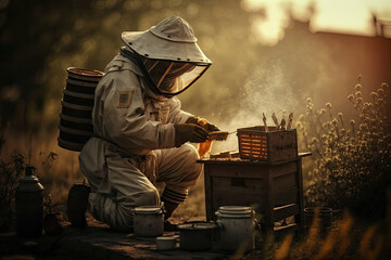 beekeeper works with his bees on honey. Generative AI