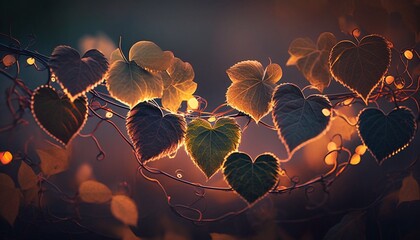 Heart shaped leaves on bokeh glowing background