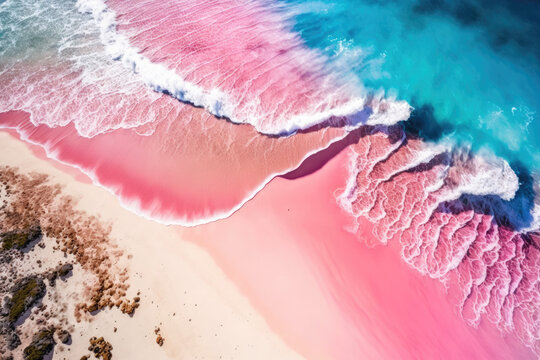 aerial view of a spectacular pink beach with waves. Generative AI
