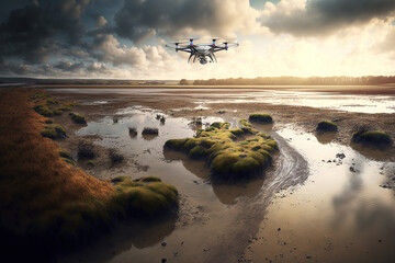 Airborne drone in salt marshes at low tide reveal mud flats and streams. Generative AI