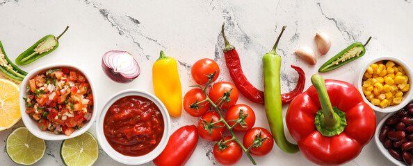 Bowls of tasty salsa sauces with products on white background