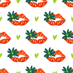 Quatrefoil in bright red lips, seamless vector pattern. Kiss for good luck. Female mouth with green clover leaf and heart. Irish holiday Saint Patrick's Day. Background for cards, posters, wallpapers