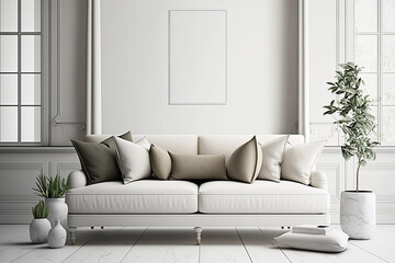 White sofa, beige pillows, and classic décor on vacant living room wall. Generative AI