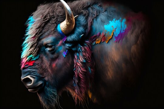 Portrait face of bison with colorful paint. Generative AI