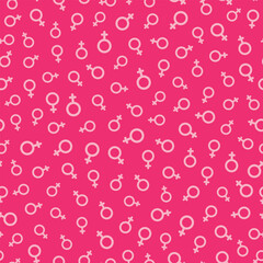 Seamless pattern of planetary sign of Venus for female gender symbols on pink background. Girl power, feminism, sisterhood concept. Hand drawn vector illustration.