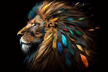 Lion portrait with color paint and feathers on black background. Generative AI - obrazy, fototapety, plakaty