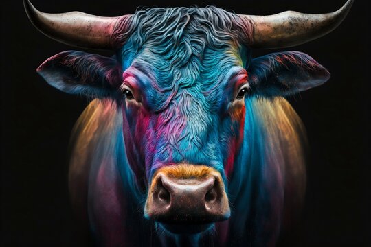 Portrait face of bull with colorful paint. Generative AI