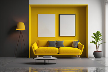 Bright yellow living room with concrete floor, dark red soft sofa, and coffee table. Poster. mockup. Generative AI