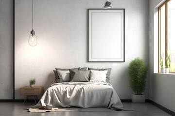 Blank picture on concrete wall above soft bed in modern bedroom. Generative AI