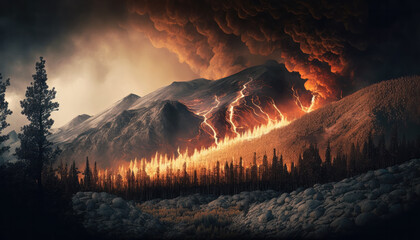 Raging inferno forest fire destroying beautiful mountain range, natural, mother nature, arson, criminal, illustration, Generative AI