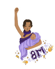 International women's day, 8th March.. Multiethnic Mother Illustration, Fist Up - obrazy, fototapety, plakaty