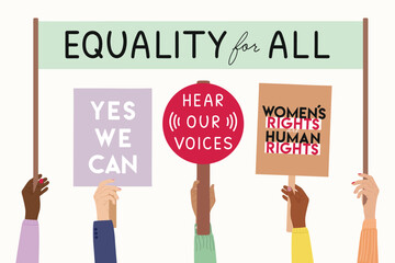 Feminist strike. Hands of diverse woman hold banners with woman empowerment short quotes. Girl power, fight for gender equality, feminism, sisterhood concept. Hand drawn vector illustration.