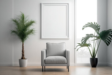 empty room interior background, scandinavian style interior room mock up, empty horizontal picture frame in light modern room interior with gray couch and palm tree,. Generative AI