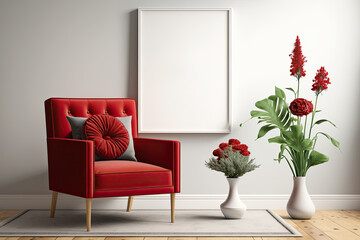 Red armchair, flower, and white wall mockup living room interior. Generative AI