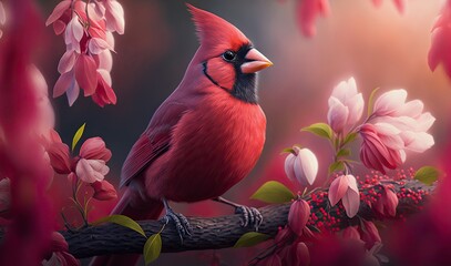 Virginian cardinal on the branch among leaves and flowers in forest. Detailed realistic illustration of beautiful male red cardinal in garden. Generative AI art.